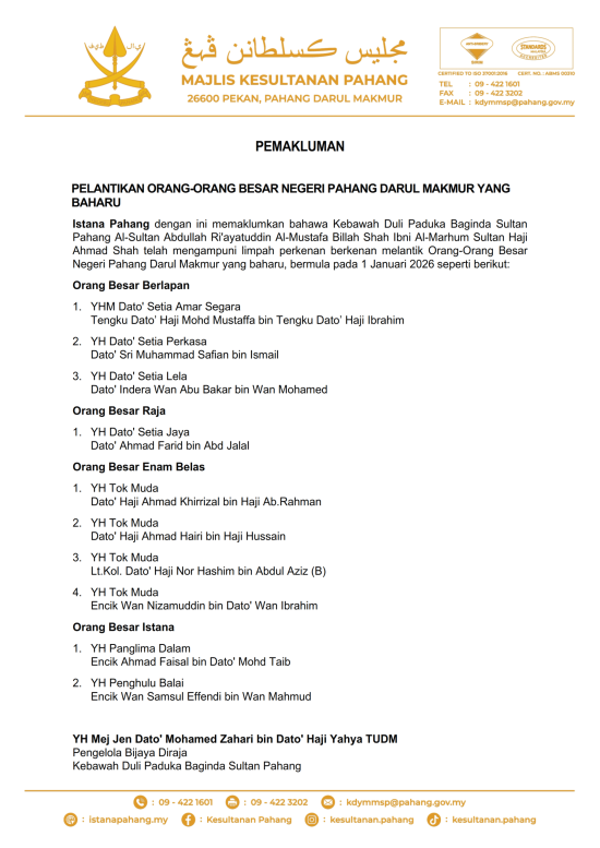 PELANTIKAN BAHARU ORANG-ORANG BESAR NEGERI PAHANG DARUL MAKMUR_001